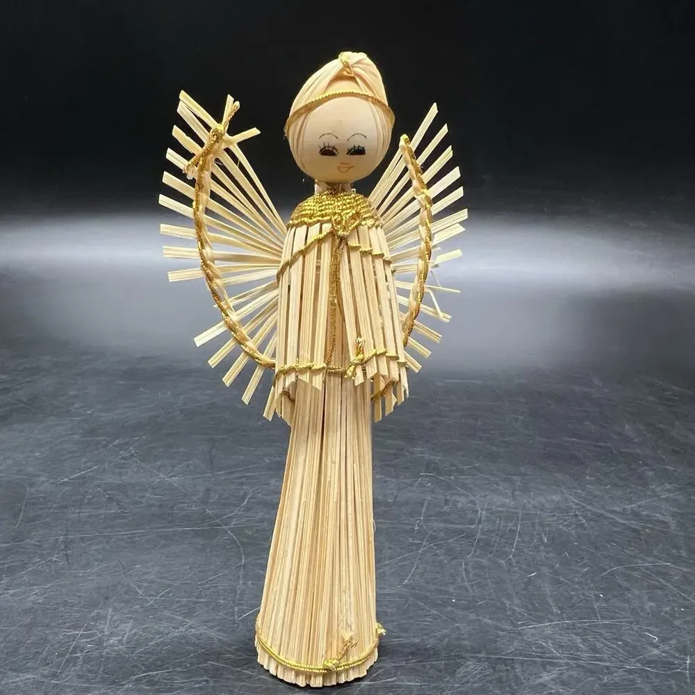 Angel Figurine Christmas Ornaments Wood Vintage Handmade Straw Sticks Set Of 4